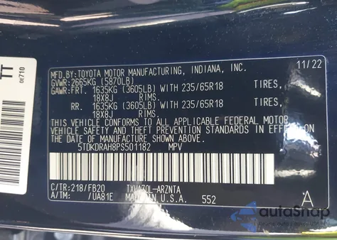 2023 Toyota Highlander L z USA, uszkodzony, nr VIN 5TDKDRAH8PS501182